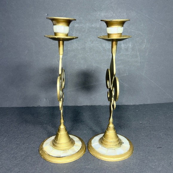 Vtg Brass Fleur de Lis Candlestick Holders Mother of Pearl Inlay Pair 9.5in - Picture 11 of 16